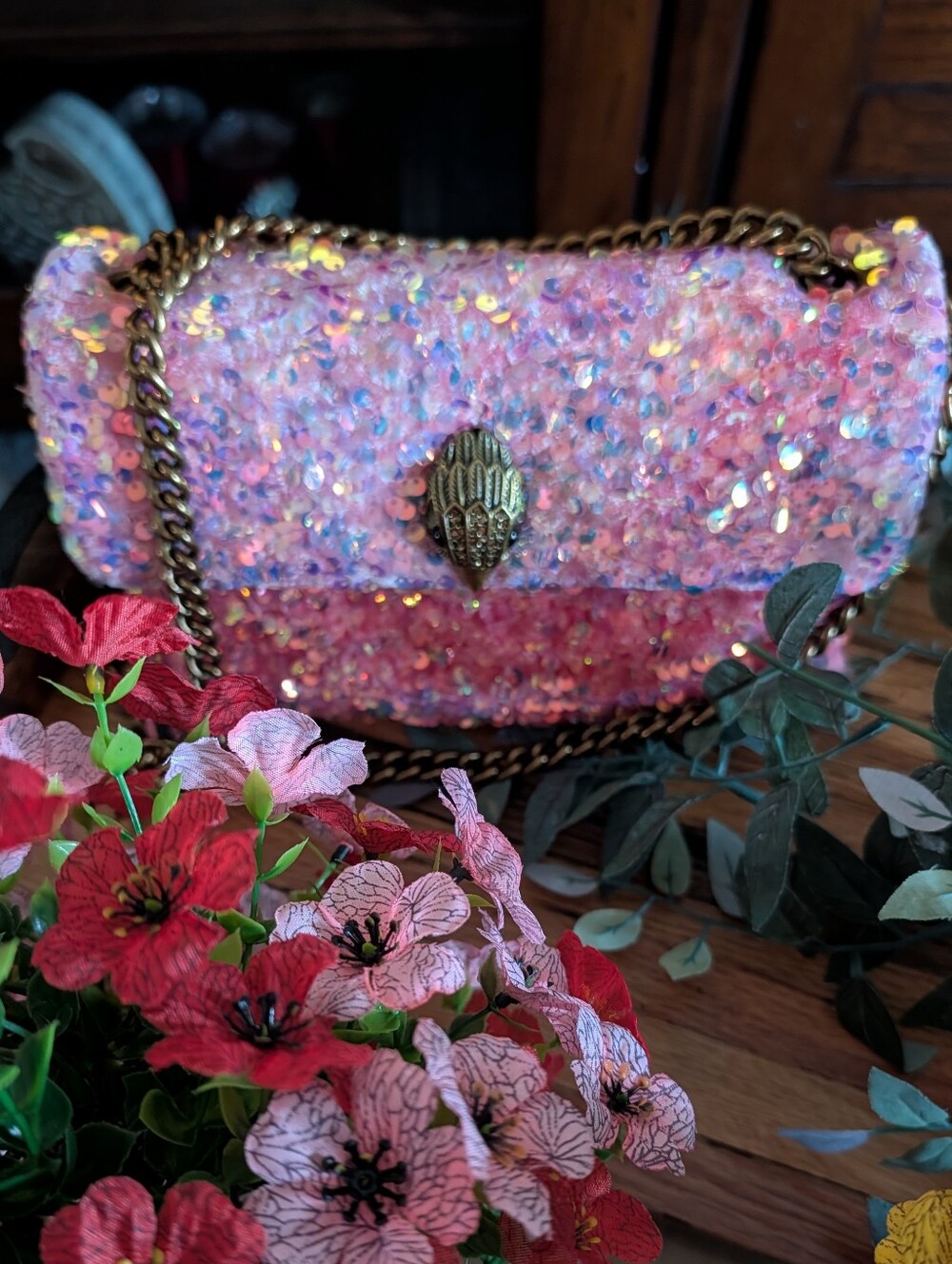 Kurt Geiger Kensington Pink Sequin Tweed Crossbody Bag - Picture 3 of 8